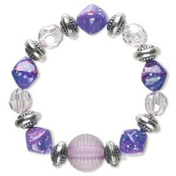Chunky Purple Lavendar & Silver Acrylic Nugget Beads Stretch Bracelet - Picture 1 of 1